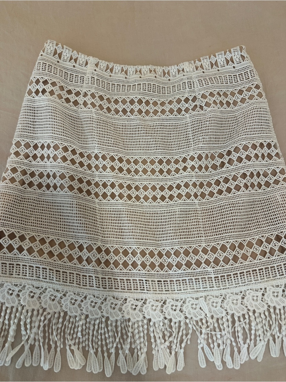 Crochet Mini Skirt with Fringe — Cream